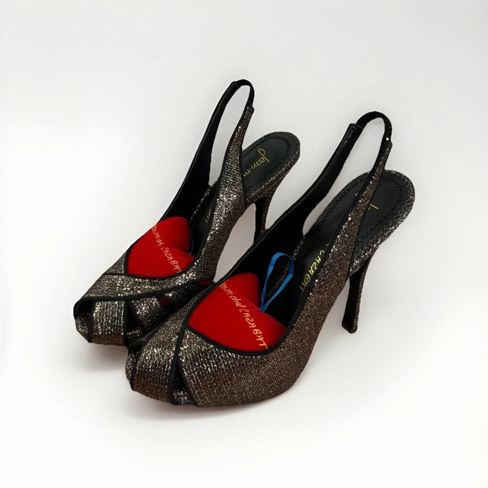 Jean-Michel Cazabat JM-Oriana Heels Black Bronze Glitter Slingback Peep Toe Sz 7